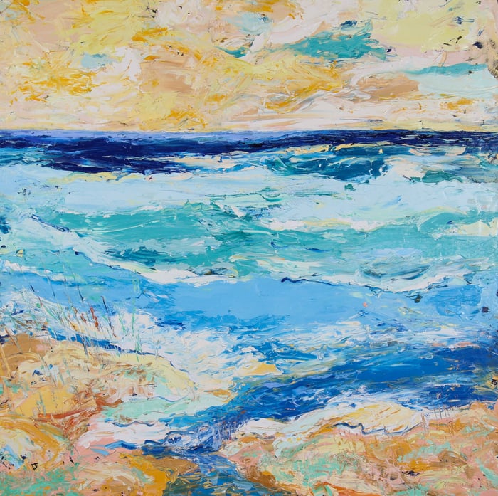 Waves at Sunrise, oil on canvas, 58x58 inches, by Marius Starkey