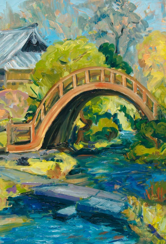 Japanese Tea Garden Bridge, oil on board, 20x16 inches, by Marius Starkey