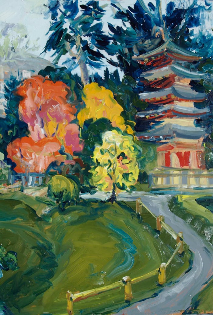 Japanese Tea Garden Pagoda, oil on board, 20x16 inches, by Marius Starkey