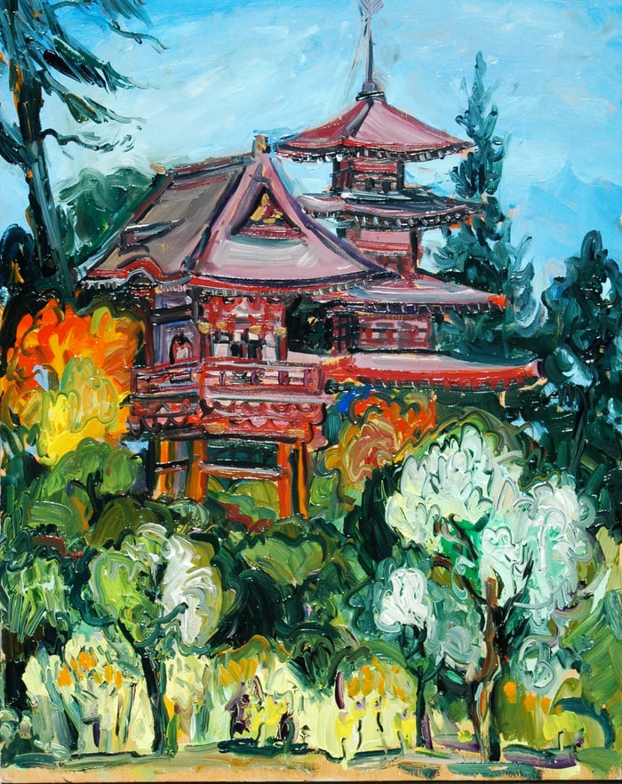 Japanese Tea Garden Two Pagodas, oil on board, 20x16 inches, by Marius Starkey